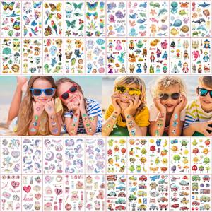 어린이용 다채로운 반짝이 타투 스티커, 만화 동물 유니콘 나비, 임시 가짜 문신, 어린이 선물, 세트당 10 장