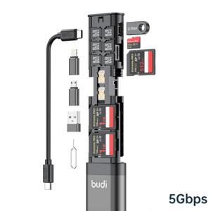 BUDI USB 3.0 데이터 전송 다기능 박스, SD TF 카드 보관함, 아이폰용 고속 충전 케이블, 9 in 1, 65W