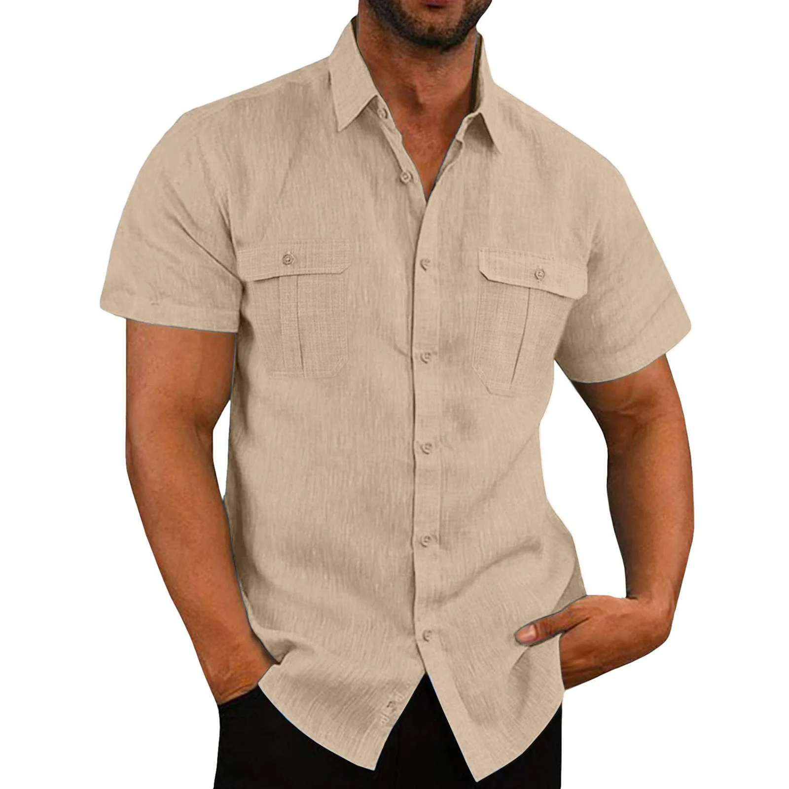 남성용 코튼 린넨 반팔 셔츠, 단색 턴다운 칼라, 캐주얼 티셔츠, 남성 통기성 셔츠, 여름 신상