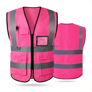 여성용 핑크 반사 안전 조끼, 앞 포켓 지퍼, 높은 가시성 안전 조끼, ANSI/ISEA 표준 충족