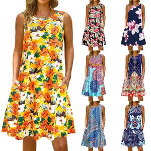 S-5Xl 다채로운 프린트 O넥 긴 드레스, 캐주얼 보헤미안 민소매 숙녀 여름 해변 선드레스, 여행 포켓 셔츠, 파티 가운