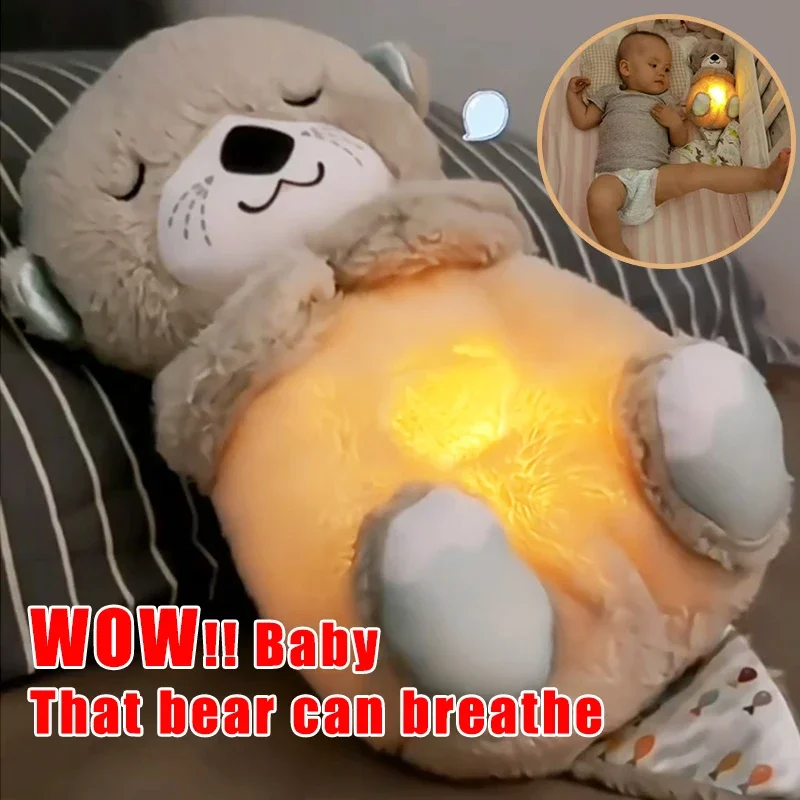 아기 곰 수달 봉제 인형 장난감, 아기 호흡, 어린이 진정 음악 수면 동행, 소리와 빛 인형 장난감 선물