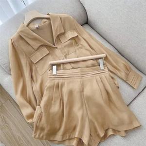 용수철 셔츠 투피스 세트 여성용 여름 반바지, 단색 긴 소매 셔츠, 짧은 캐주얼 의상, 2 피스 세트