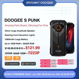 DOOGEE S 펑크 러기드 폰, 글로벌 버전, 안드로이드 14, 6.58 인치, 60Hz, 34mm, 큰 증폭 스피커, LED 조명 효과, 6GB + 256GB, 10800mAh