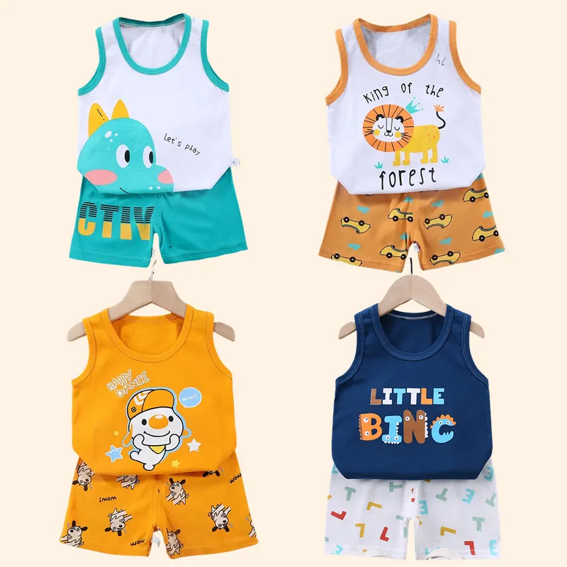 아동복 조끼 수트 아동복 세트, 아동복, 아기 코튼 티셔츠, 반바지 탱크 탑, 남아 및 여아, 민소매, 여름, 2 개