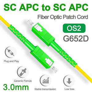 SC APC 광섬유 패치 점퍼 케이블, 3.0mm OS2 코드, 단일 모드 심플렉스, 1m 3m 5m PVC G652D SM 1310/1550nm FTTH