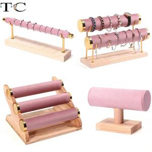 나무 핑크 벨벳 주얼리 디스플레이 스탠드 팔찌, 시계 목걸이 펜던트 링 옥 팔찌 보관 디스플레이 스탠드