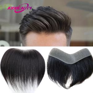 남성용 Toupee 100% 인모 피스, V 루프 프론트 토피, 얇은 피부 PU 가발, 레미 헤어 교체, 내추럴 컬러, 6 인치