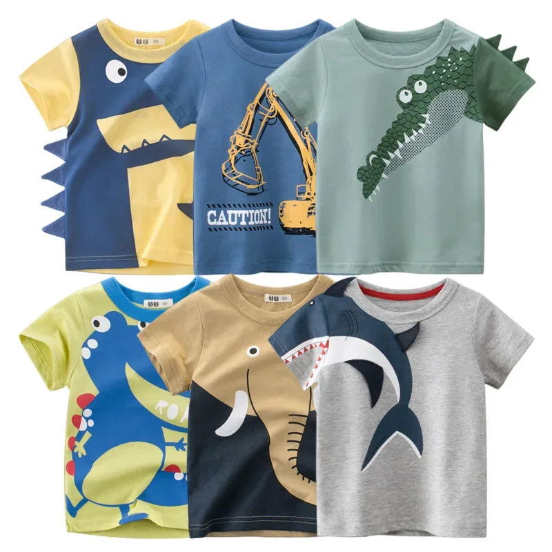 2024 여름 어린이 3D 만화 티셔츠, 동물 인쇄 공룡 상어 소년 티셔츠, 여아 상의 티, 만화 아동복