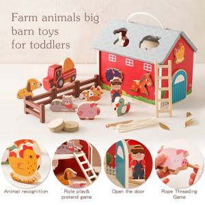 몬테소리 나무 시뮬레이션 농장 설정 장면 장난감, 아기 모양 매칭 동물 스레딩 장난감, 어린이 퍼즐 블록 선물