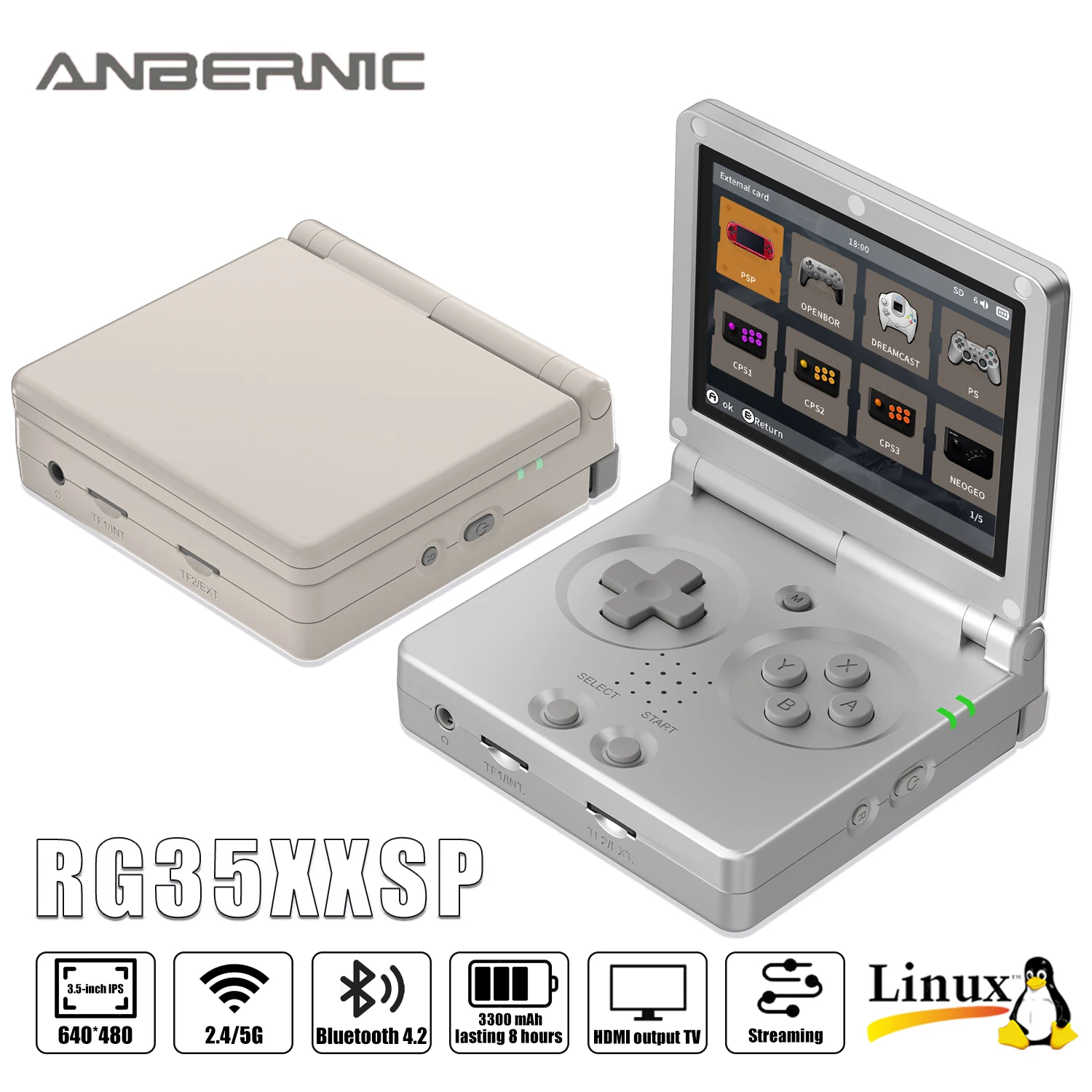 ANBERNIC 3.5 인치 IPS 스크린 플립 핸드 헬드 콘솔, 리눅스 시스템, HDMI 호환 TV 출력, 64G 5500 게임 사전 설치, RG35XXSP