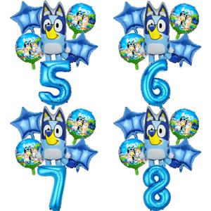 Blueys 생일 장식 풍선, 귀여운 만화 알루미늄 호일 풍선 번호 풍선 세트, 파티 장식 소품 선물, 6 개 세트
