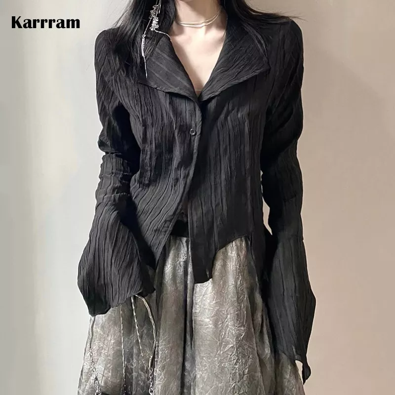 Karrram 고딕 블랙 셔츠 야마모토 스타일 어두운 미적 블라우스, 여성 불규칙한 디자이너 의류 이모 Alt 의류 그런지 탑스 Y2k