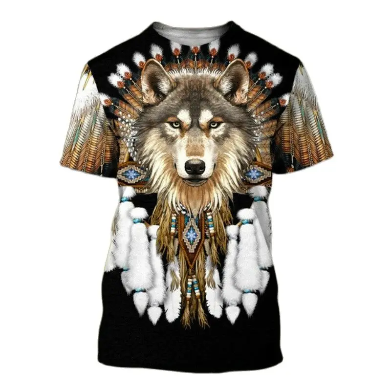 인디언 부족 독수리 늑대 토템 남녀공용, 정교한 레트로 프린팅, 힙합 반팔, 라운드넥 티셔츠 탑, 3D 패션