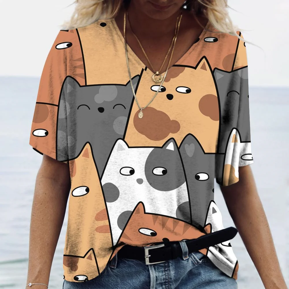 여성용 만화 고양이 프린트 티셔츠, 반팔 V넥, 카와이 패션, 캐주얼 티셔츠, 새끼 고양이, 재미있는 여성복, 여름
