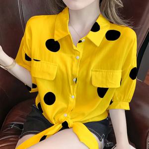 패션 라펠 루즈한 붕대 리본 폴카 도트 셔츠, 오버사이즈 캐주얼 상의, 한국 블라우스, 2023 여름 신상