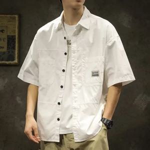 남성용 아메리칸 캐주얼 반팔 셔츠, 편안한 티셔츠, 하이 스트리트 플레인 라펠 블라우스, 여름 패션, 2023 신상