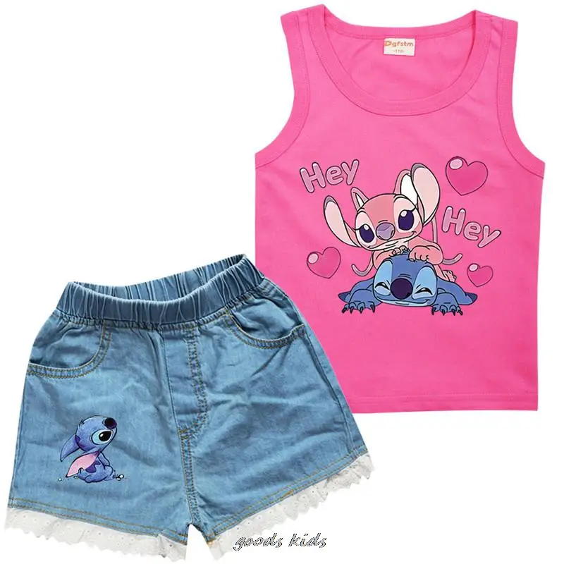 여름 아동복 세트, Lilo and stitch, 소년 소녀 티셔츠 및 청바지 바지, 아기 의류 세트, 2 피스