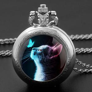 크리에이티브 Ctue 고양이 쿼츠 포켓 시계, 유리 돔 목걸이, 독특한 펜던트, 실버 시계, 선물 액세서리, 남녀공용 패션