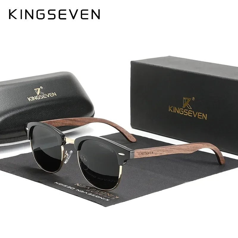 KINGSEVEN 남성용 수제 2023 블랙 월넛 나무 선글라스, 편광 UV400 보호, 세미 무테 레트로 안경, 여성용 안경