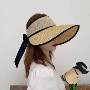 여성용 여름 밀짚 모자, 비치 모자, 빈 탑, 태양 자외선 차단 모자, 접이식 차포 걸 나비매듭 모자, 2021 신제품