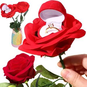 로맨틱 결혼 반지 거치대 반지 상자, 붉은 꽃 스템 벨벳 장미 보석 상자, 약혼 반지 디스플레이 케이스, 프로포즈