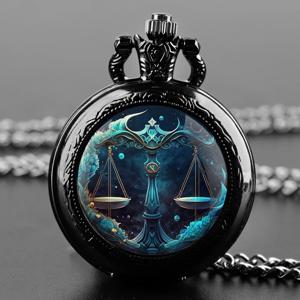 Libra 스타 사인 디자인 유리 돔 빈티지 쿼츠 포켓 시계, 남녀공용 펜던트 목걸이 체인 참 시계, 쥬얼리 선물