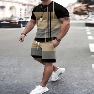 남성용 여름 격자 무늬 및 줄무늬 반바지 세트, 남성용 스트리트 티셔츠 2 피스 세트, 3D 프린트 캐주얼 라운드 넥, 오버사이즈 비치 스포츠웨어