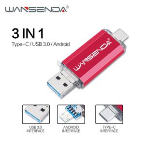 Wansenda OTG 3 in 1 USB 플래시 드라이브 USB3.0 및 유형-C 및 마이크로 USB 512GB 256GB 128GB 64GB 32GB 16GB Pendrives 펜 드라이브 Cle USB