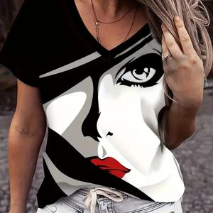 여성 블라우스 프린트 테마 반팔 티셔츠, V넥 기본 셔츠 탑, 오버사이즈 여름 Y2k 의류, 2024 신상 패션