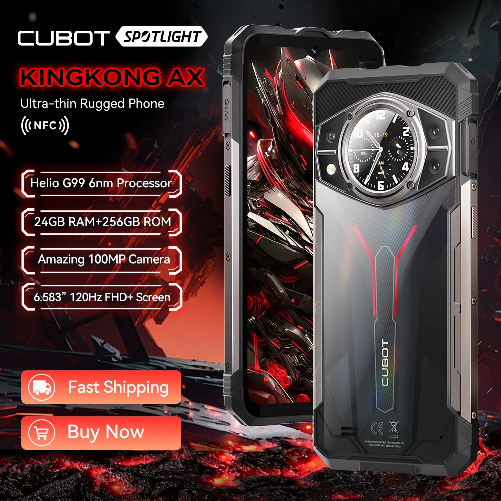 Cubot KINGKONG AX, 초박형 러기드 스마트폰 Android 14, Helio G99, 옥타 코어, 24GB RAM(12GB+12GB 확장), 256GB ROM, 6.583