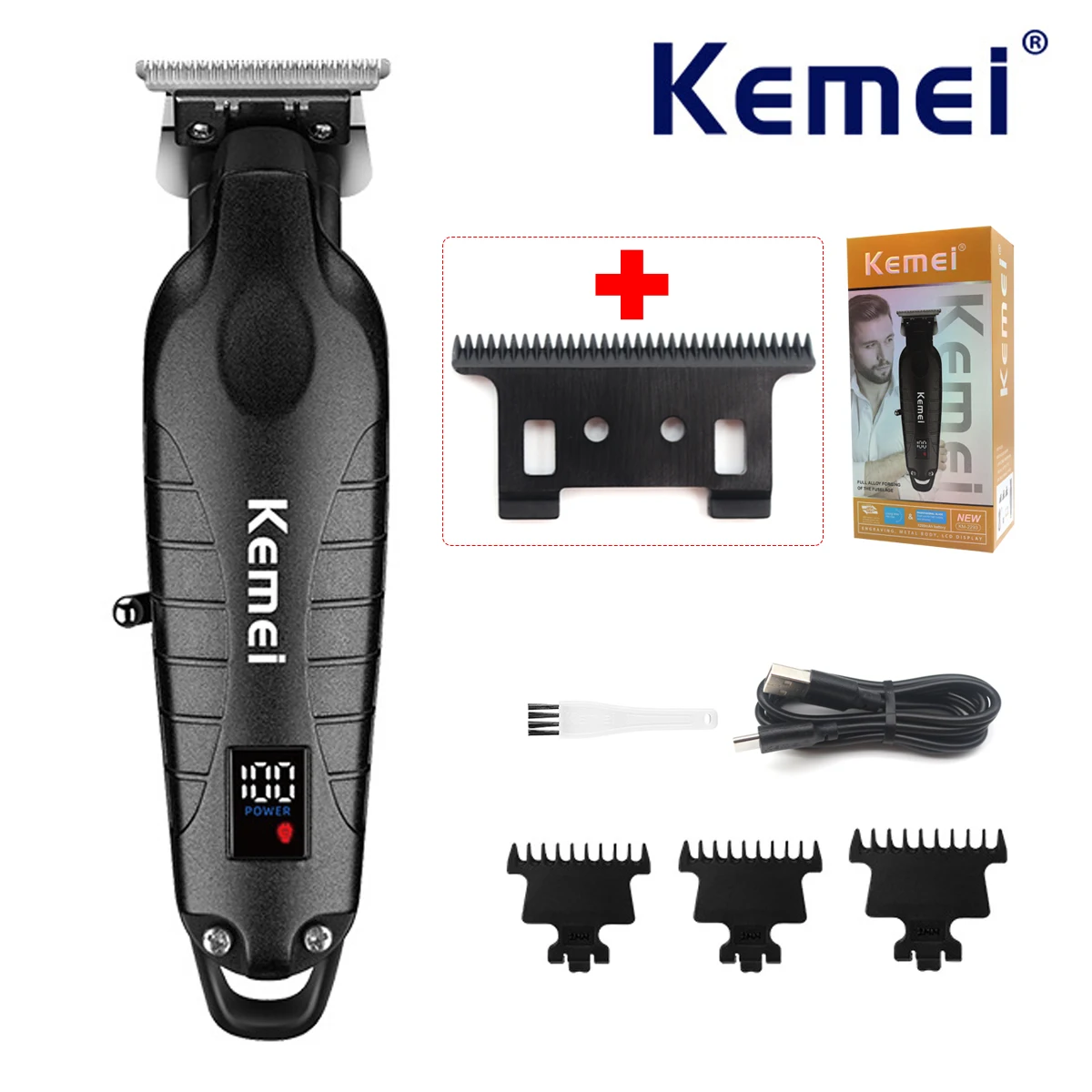 Kemei KM-2293 전문 헤어 트리머 기계, 갭 제로 풀 메탈 DLC T 블레이드 마감 기계, USB LED 남성용 헤어 클리퍼