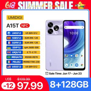 UMIDIGI A15T 스마트폰, 안드로이드 13, MTK 헬리오 G95 옥타코어, 울트라 슬림 6.7 인치, HD + 8 + 8GB, 128GB, 64MP, 5000mAh 배터리, 핫키 NFC AGPS