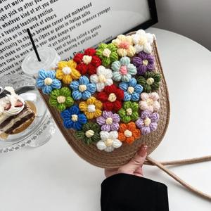 한국어 패션 여름 가방 여성 니트 꽃 밀짚 가방 작은 메신저 꽃 크로 셰 뜨개질 가방 짠 크로스 바디 숄더 백