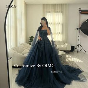 OIMG 두바이 아랍 여성 네이비 블루 글리터 레이스 이브닝 드레스, 스퀘어 넥 얇은 명주 그물, 긴 케이프 소매, 럭셔리 격식 있는 무도회 가운, 2023