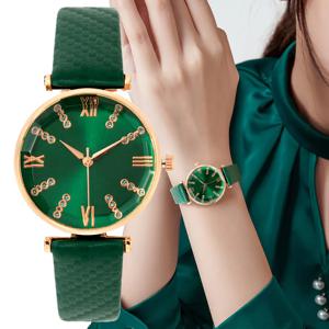 럭셔리 여성 브랜드 다이아몬드 로마 디자인 레이디 시계 드레스 쿼츠 시계 패션 녹색 가죽 스트랩 여성 손목 시계