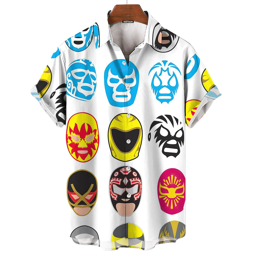 남성용 3D 마스크 프린트 셔츠, 루차 리브레 반팔 셔츠, 캐주얼 하와이안 셔츠, 느슨한 의류, 멕시코 레슬링, 여름
