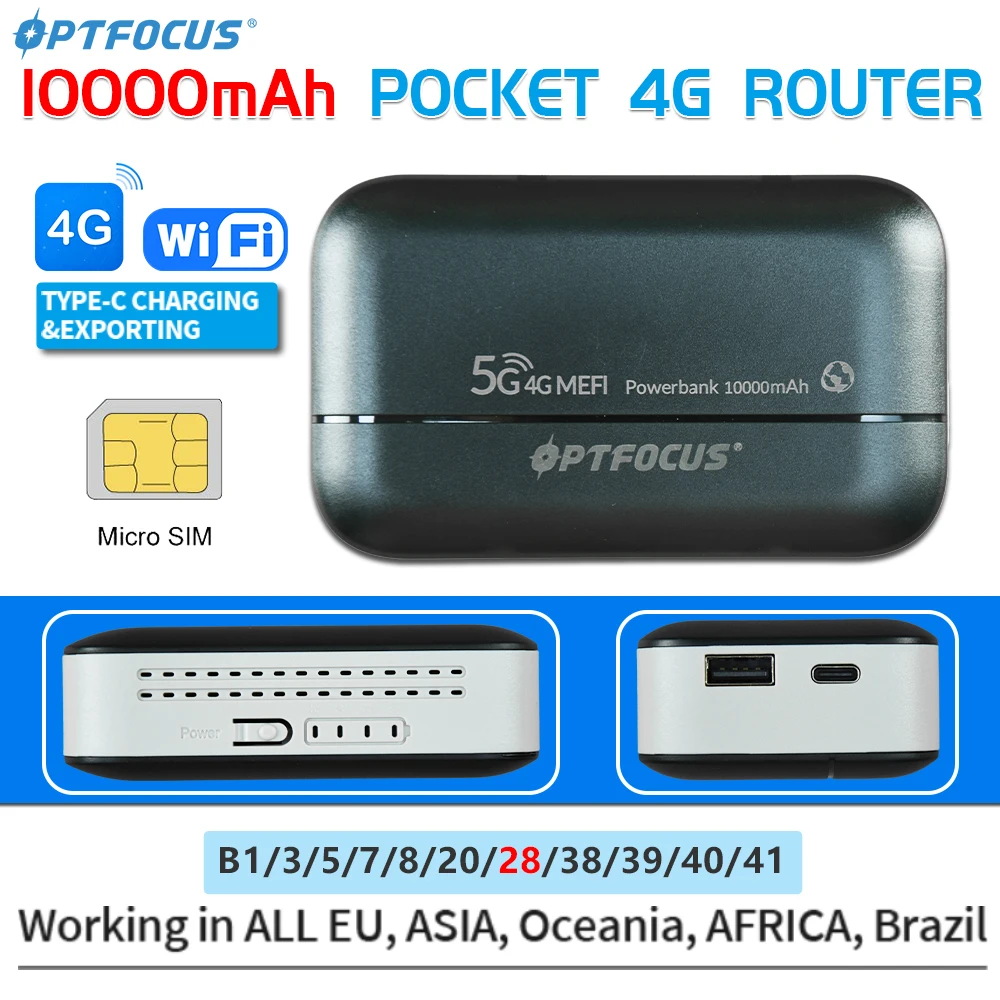 OPTFOCUS 4G LTE 휴대용 모뎀 무선 라우터 보조베터리, USB 타입 4G SIM 카드, 10000Mah MIFI 모뎀, 4G 미니 포켓 와이파이 핫스팟