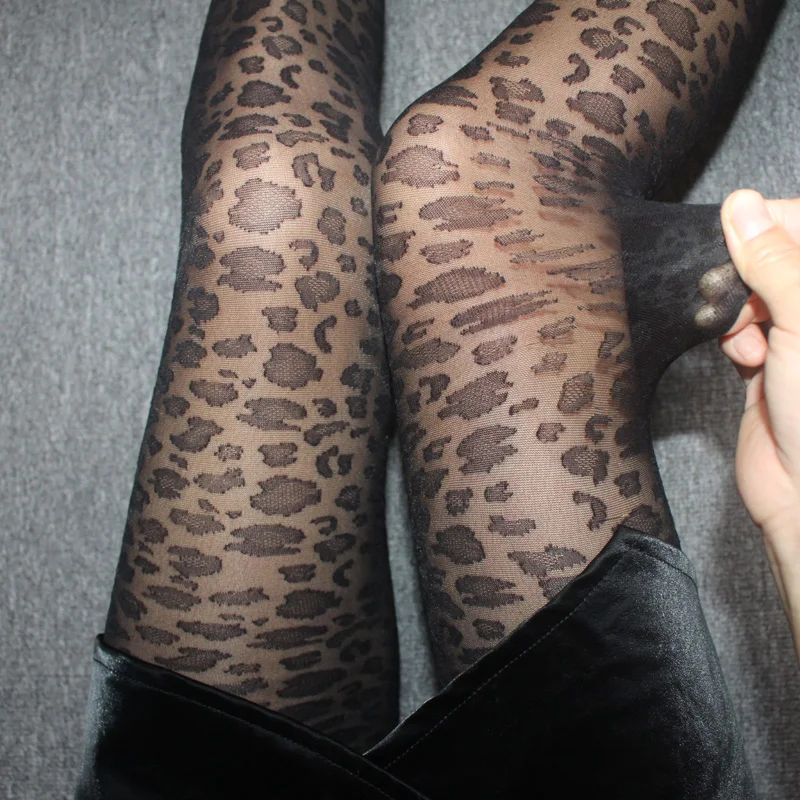 여성용 얇은 투명 실키 팬티스타킹, 고딕 블랙, 섹시한 빈티지 레오파드 동물 패턴, 얇은 타이츠, 심리스 스타킹