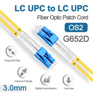 LC UPC 광섬유 패치 점퍼 케이블, 3.0mm OS2 코드, 싱글 모드 듀플렉스, 1m 3m 5m PVC G652D SM 1310/1550nm FTTH