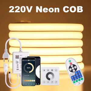 COB LED 네온 스트립 조명 벽 터치 와이파이 블루투스 23 키 리모컨 파워 키트, 조도 조절 가능 288 LED 유연한 실리콘 램프, 220V