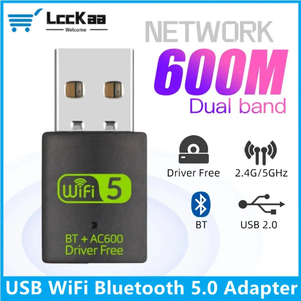 600Mbps USB 와이파이 블루투스 어댑터, 2 in 1 동글 듀얼 밴드 2.4G 및 5GHz USB 와이파이 5 네트워크 무선 블루투스 어댑터, 와이파이 리시버