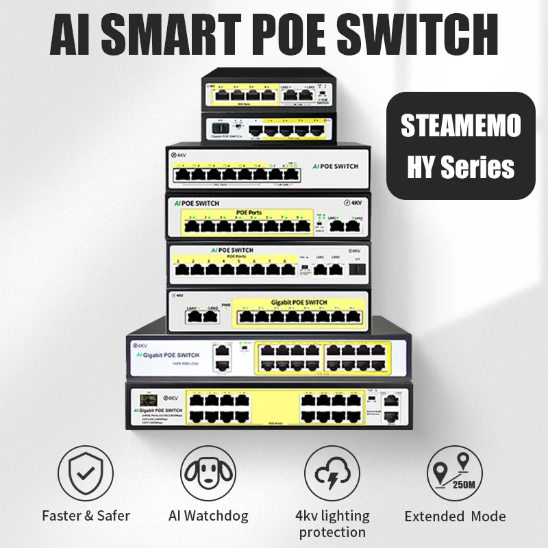 STEAMEMO 클라우드 관리 POE 스위치 기가비트 네트워크 스위치, IP 카메라, 무선 AP, 와이파이 라우터용, SFP 10, 100, 1000Mbps, 48V