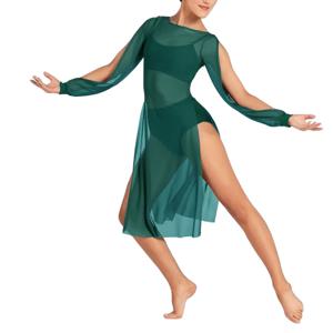 MiDee 메쉬 퍼프 슬리브 드레스 여성용, 섹시한 시스루 보트 넥 하이 스플릿 스커트, 모던 발레 밸리 댄스 무대 의상