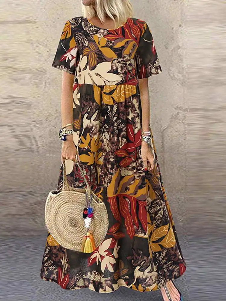 ZANZEA 여성용 빈티지 프린트 드레스, 여름 선드레스, 캐주얼 반팔 맥시 드레스, O넥 플로럴 로브, 2023