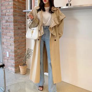 한국 세련된 가을 새로운 틈새 옷깃 패치 워크 프릴 레이스 업 허리 포옹 중간 길이의 트렌치 코트 겉옷 여성