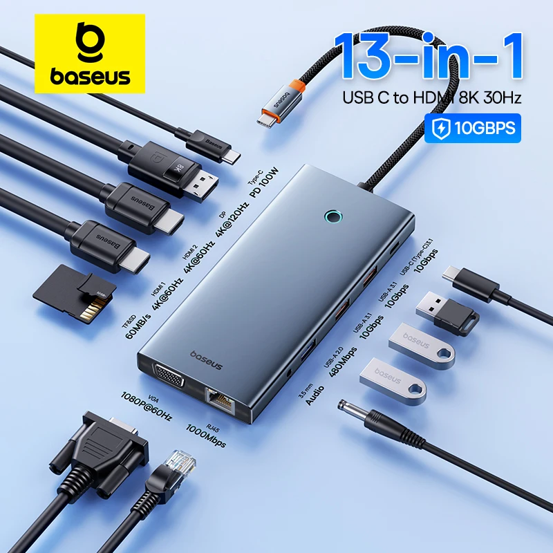 Baseus 맥북 PC용 USB C타입-HDMI 호환 허브 어댑터, 13-in-1 DP, 4K, 60Hz, 120Hz, RJ45, VGA 컨버터, PD 100W, USB 3.0 2.0