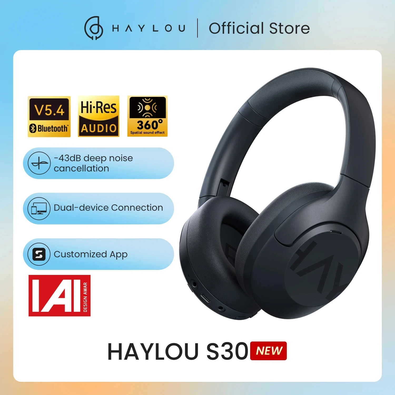 HAYLOU S30 무선 블루투스 5.4 헤드폰, 43dB 적응형 노이즈 캔슬링 헤드셋, 40mm 드라이버, 80H 재생 시간 이어폰