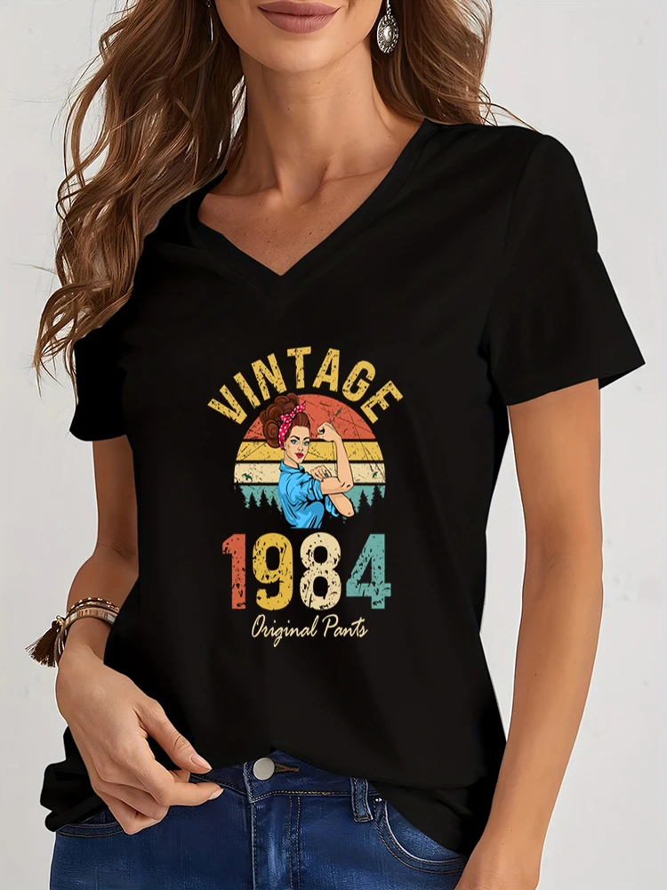 여성용 빈티지 1984 V넥 티셔츠, 느슨한 상의, 생일 년 인쇄 티셔츠, 느슨한 반팔, 여름 하라주쿠 티셔츠