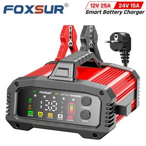 FOXSUR 휴대용 스마트 자동차 배터리 충전기, 부스터 포함, LiFePO4, AGM 젤, 오토바이 트럭 보트의 납산, 12V, 24V, 25Amp